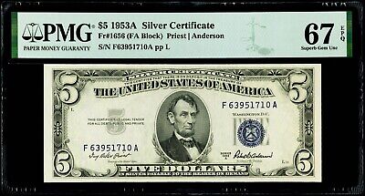 $5 1953A Silver Certificate Fr#1656 (FA Block)PMG 67 EPQ Superb Gem Uncirculated