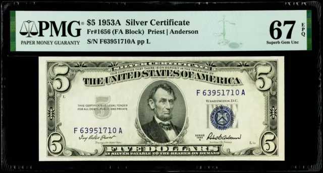 $5 1953A Silver Certificate Fr#1656 (FA Block)PMG 67 EPQ Superb Gem Uncirculated