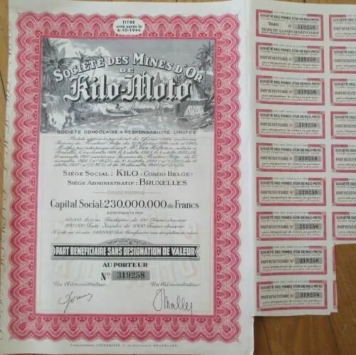 Belgian Congo 1944 Gold Mining Stock Bond Certificates, Kilo Moto, 100 Pieces