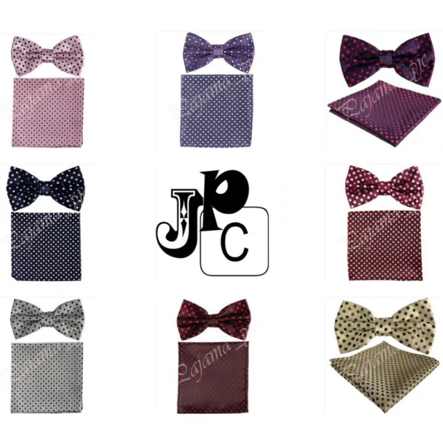 MEN'S NEW Polka Dots Pre-tied Bow tie and Pocket Square Hanky Wedding Party Prom