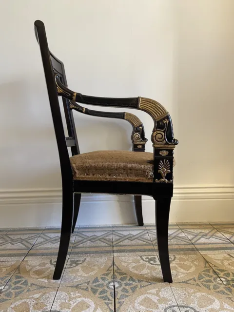 An Ebonised and Gilded French Empire Chair, C1930s Mahogany with Hessian Seat