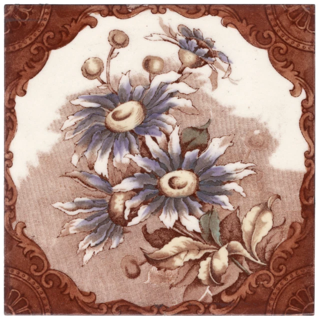 T. & R. Boote & Co - c1886 - Blue Asters Floral - Antique  Victorian Tile