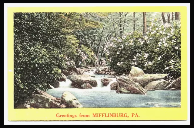 Mifflinburg PA Linen Postcard Greetings Scenic View River Forest Unposted  pc257