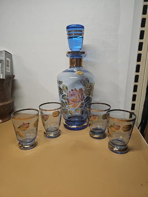 BOHEMIA ART GLASS HANDPAINTED ROSES DECANTER 4 GLASSES SET CZECHOSLOVAKIA Blue