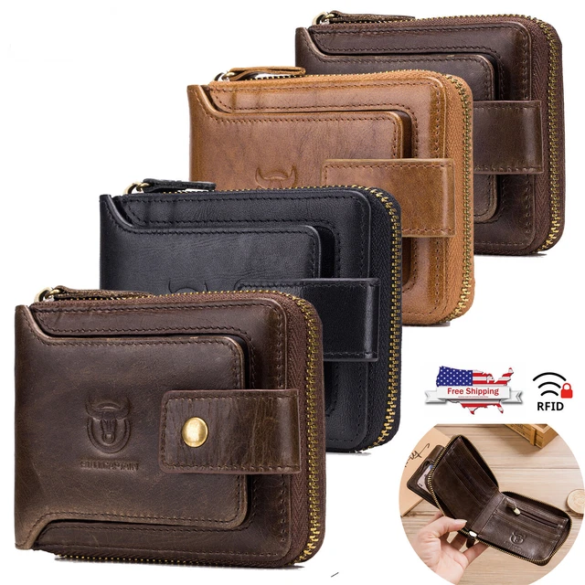 Mens Wallet Genuine Leather Zip Around RFID Bifold Zipper Popular ID Card Holder