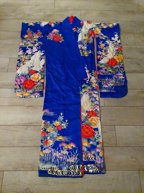 Beautiful Vintage Japanese Wedding Kimono Blue Red Crane Hand Stitch Flower Gold