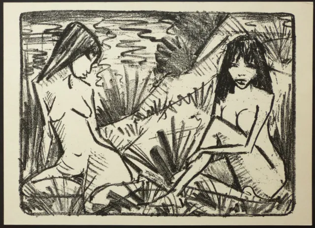 Otto MÜLLER " In Dünen sitzende Mädchen " Lithographie von 1921