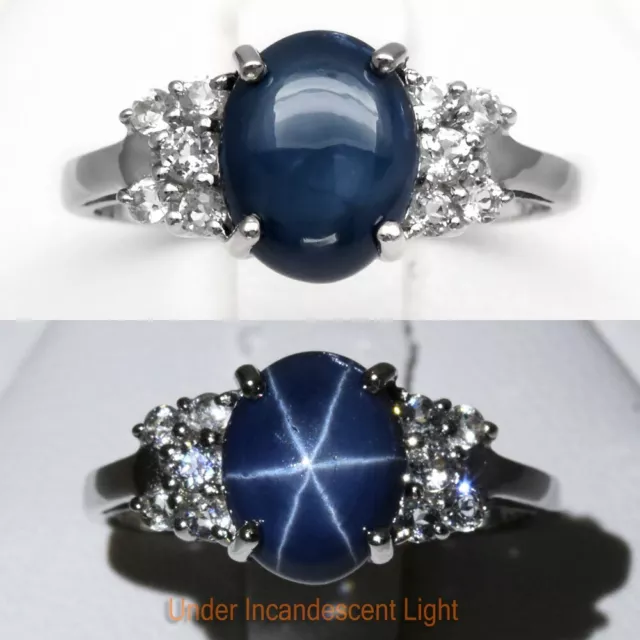 9x7mm Natural 6 Ray Blue Star-Sapphire Ring With Topaz in 925 Sterling Silver