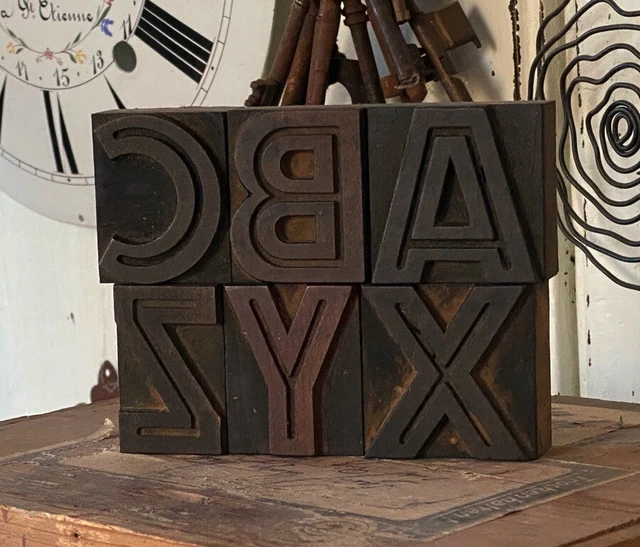 "ABCXYZ" caractères d'imprimerie en bois lettres anciennes typographie imprimeur