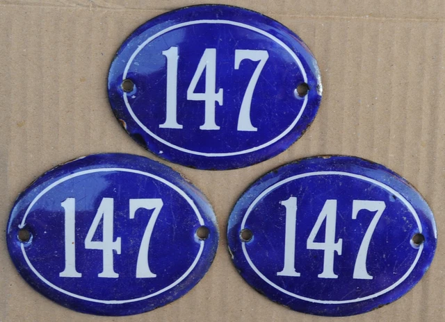 Old blue oval French house number 147 door gate plate plaque enamel steel sign