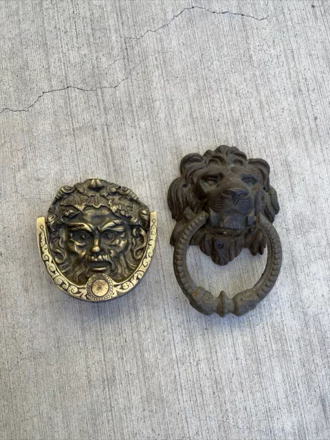 Vintage  Large Heavy Solid Brass Fierce Lion Head And  Bracchus Door Knocker