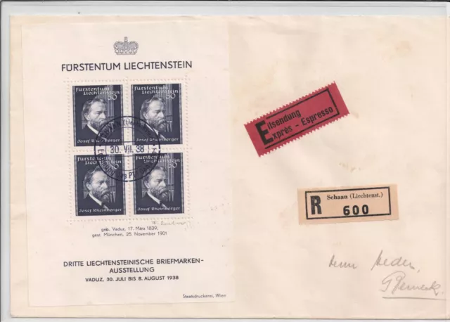 Liechtenstein 1938 - Block3 auf Brief - FDC - Ersttagsbrief