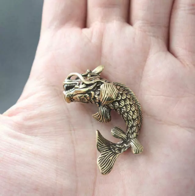 Solid Brass Antique Animal Carved Dragon Fish Art Statue Figure Keychain Pendant