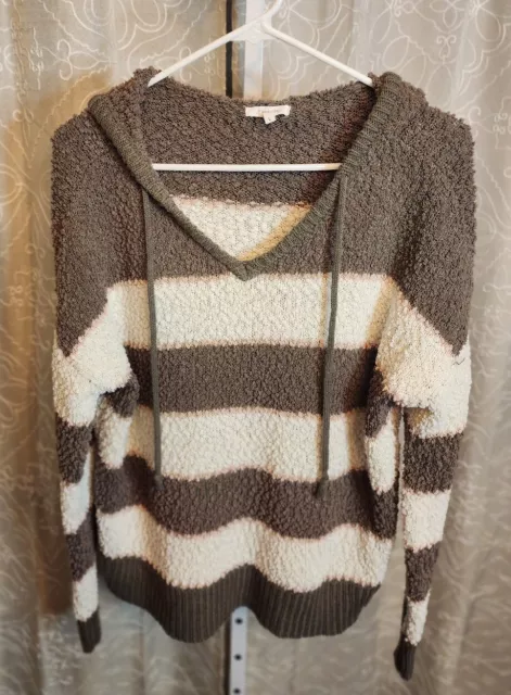 Women's Maurice's Striped Popcorn Knit Hooded Vneck Sweater Size L