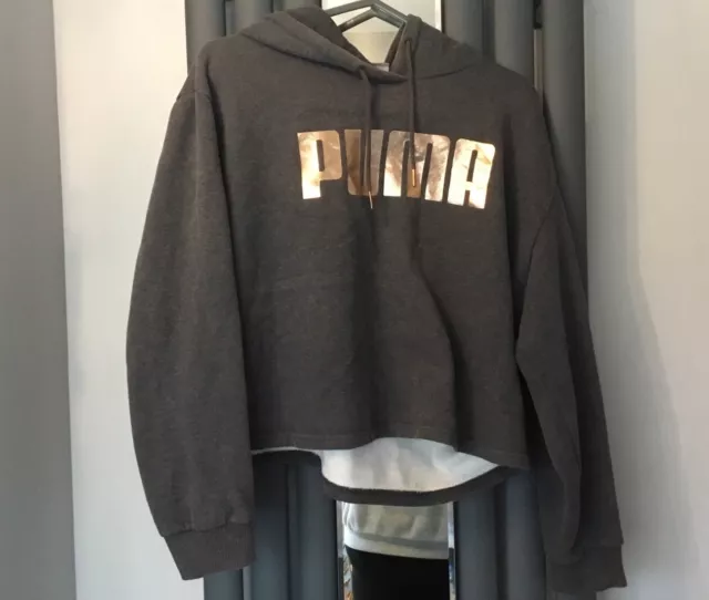 Puma Ladies/ Women’s/Older Girls Teen Hoodie Grey Cropped Rose Gold, Size Large