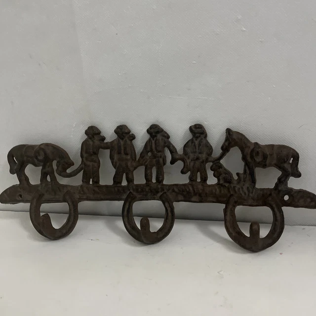 Western Ranch Cast Iron Cowboy & Horses Horseshoe Hook Towel Coat Hanger 12.5”