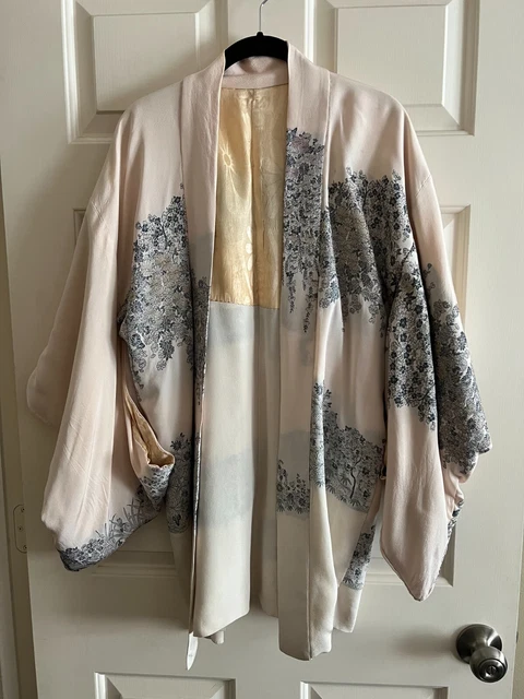 Authentic vintage Japanese silk haori kimono jacket beige cherry blossom theme