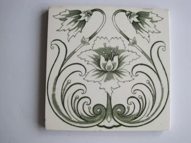 Antique 6" Sq.  H. Richards Green Art Nouveau Transfer Print Tile C1903/05