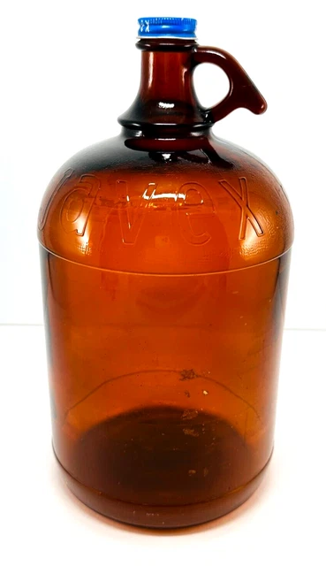Vintage Brown Amber Glass One Gallon 128 Oz Jug Bottle Jar with Finger Handle