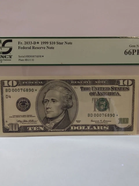 $10 Bill 1999 Low Serial Numbers Star Note  00076890*  Graded 66PPQ