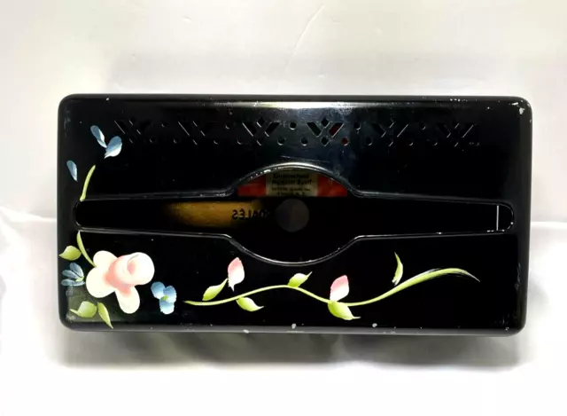 Vtg Black Tole Hand Painted Rose Metal Tissue Box Holder Wall Counter Detecto