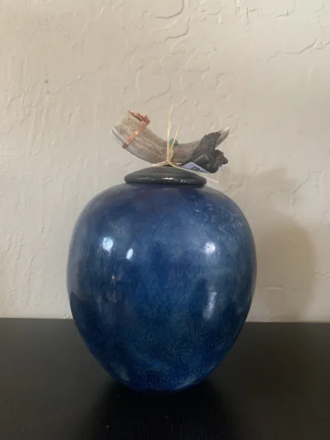 Jeremy Diller Raku Art Pottery Dream Catcher Jar Pot Vase w/Lid Antler Signed