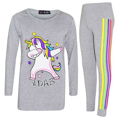Bambine Rainbow Unicorno DAB Filo Interdentale Grigio Top & Leggings Natale Outfit Set 7-13 anni