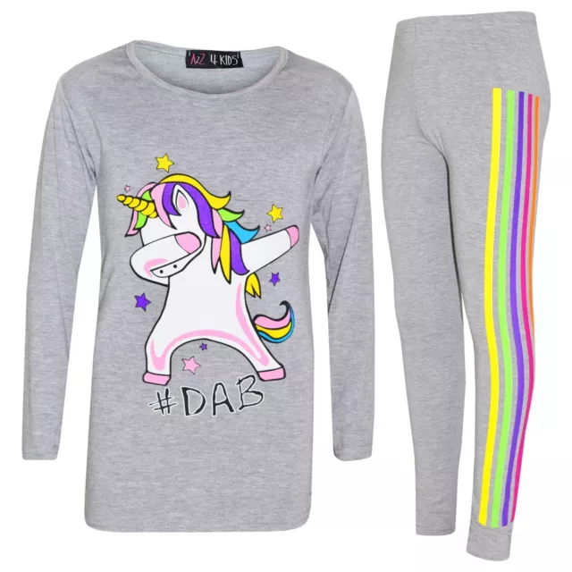 Kids Girls Rainbow Unicorn Dab Floss Grey Top & Legging Xmas Outfit Set 7-13 Yrs