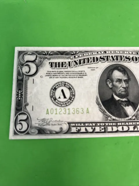 Unc 1934 $5 Lgs Frn Light Green Seal Federal Reserve Note Paper Money(N63) 2