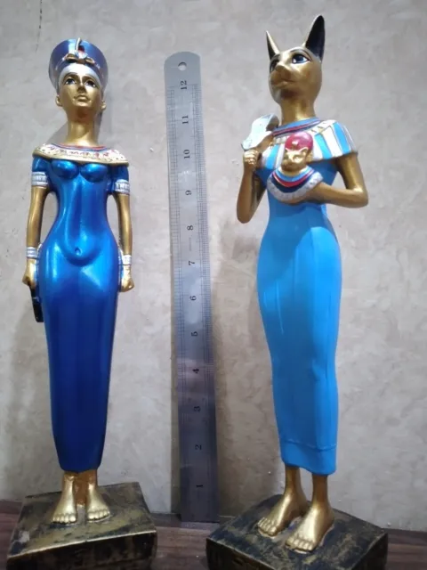 Set of 2 Egyptian Queen Nefertiti Statue-Goddess Bastet Cat Isis Blue Finish 12" 3