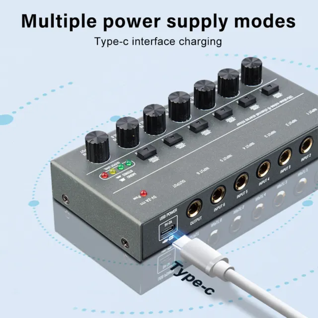 Portable Mini Audio Mixer Ultra Low Noise 4/6/8 Channel Line Stereo Mixer DC 5V