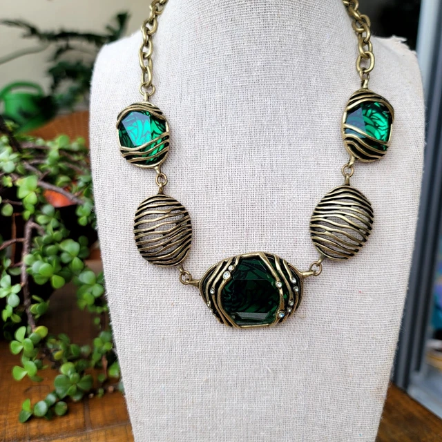 Vintage Retro 60's Necklace Caged Green Faceted Stone Pave Rhinestone Sizable