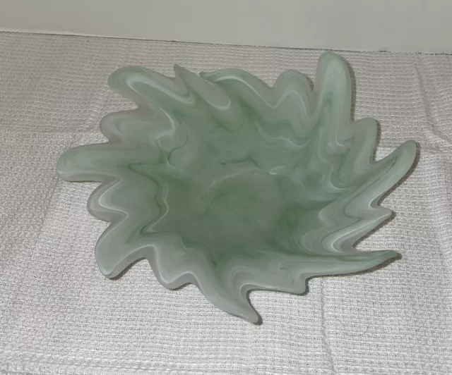 Vintage Art Glass Hand Blown Dish Bowl Green White Mid Century Modern MCM