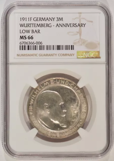 1911-F Germany Silver 3 Mark Wurttemberg Anniversary Low Bar NGC MS66