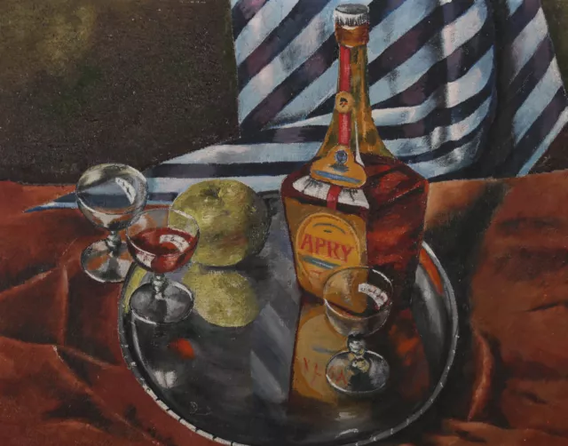 Mid 20th Century Oil - Still Life of Liquor, Glasses and an Apple