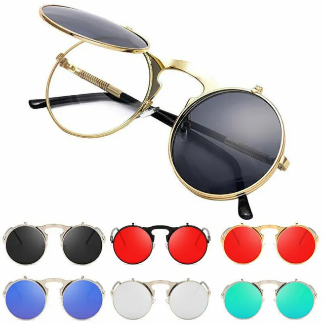 Vintage Retro Flip-up Steampunk Sunglasses Men Women Metal Round Eyewear Glasses