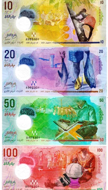 Maldives 2015 Polymer Uncirculated 4 Notes 10, 20, 50 &100 Rufiyaa