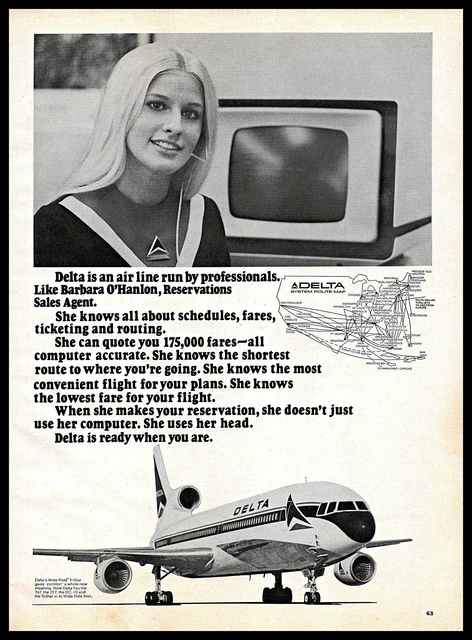 1974 DELTA AIRLINE Airplane System Route Map Sales Agent 1970s Vintage ...