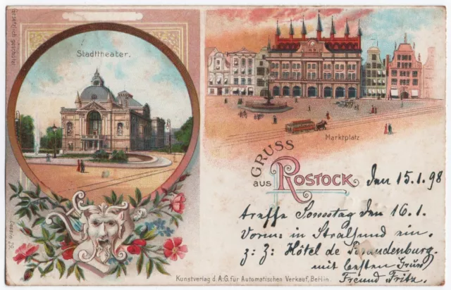 alte Litho-Ak Rostock, Stadttheater, Marktplatz, gelaufen 1898
