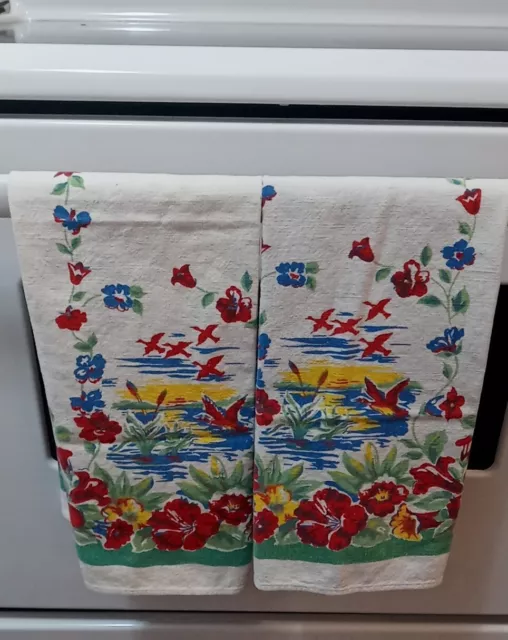 Vintage Startex Mills  Duck & Floral Print Cotton Kitchen Towels Pair