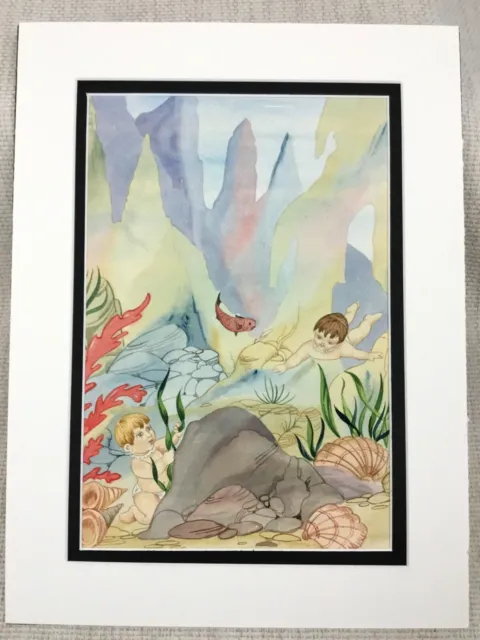 Original Niños Libro Obra de Arte Ilustración Underwater Conchas Alga Océano