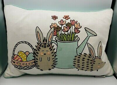 Bunny Tales Accent Throw Pillow Beaded Hedgehogs Embroidered 20x14 White Teal