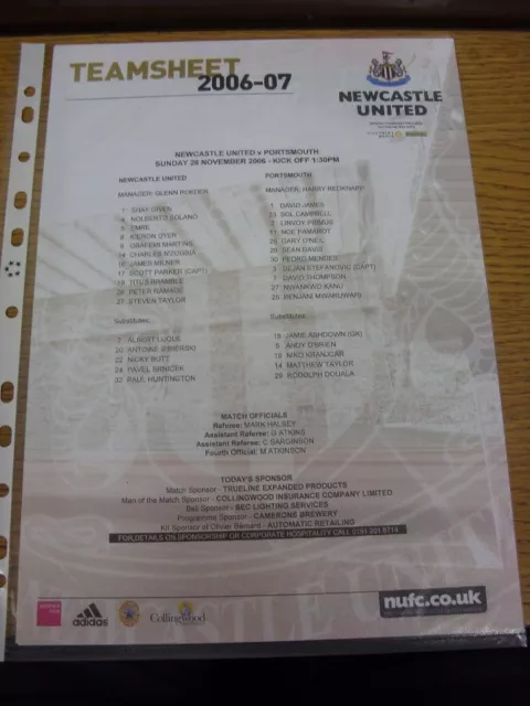26/11/2006 Colour Teamsheet: Newcastle United v Portsmouth  . Thanks for viewing