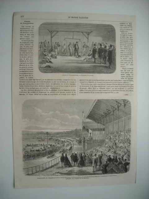 Gravure 1863. Course Fontainebleau.  Inauguration Hippodrome Vallee De La Sole..