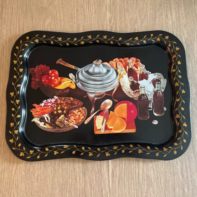 Vtg COCA-COLA TV Serving Tray With FOOD & COKE- Black& Colorful 19” X 14”