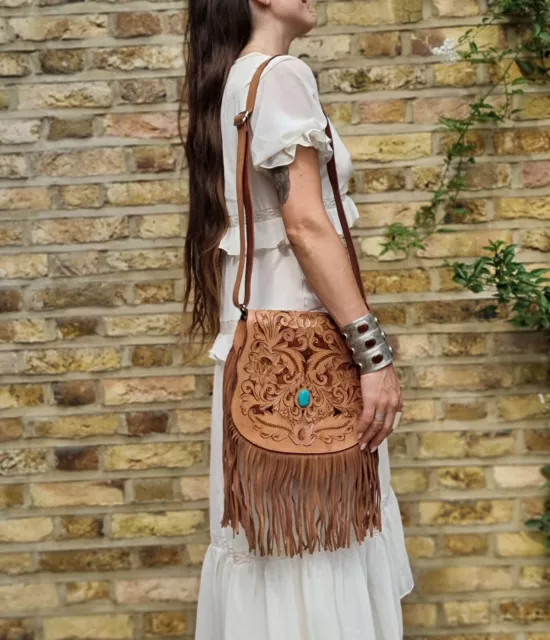 BORSA IN PELLE CON FRANGE TOOLED FATTA A MANO TOOLED nappa boho western vintage festival 3