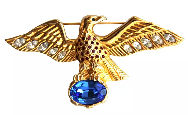 Swarovski Blue Crystal Red Clear Rhinestone Eagle Brooch Pin Signed Swan Mark 3"
