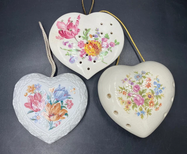 Vintage LOT (3) Porcelain HEART POMANDER Sachet- Inarco + Sallie Robinson + Avon