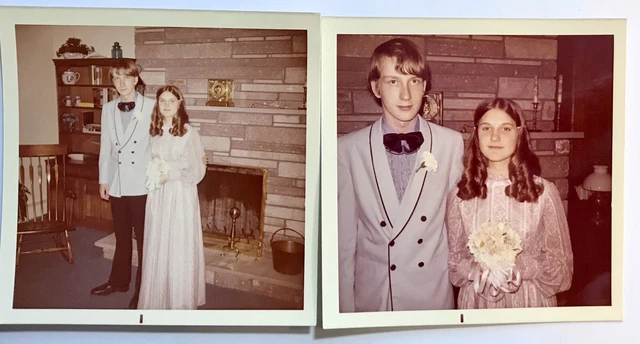 1968 Young Couple Photo Blue Suit Flowers Picture Snapshot Photograph