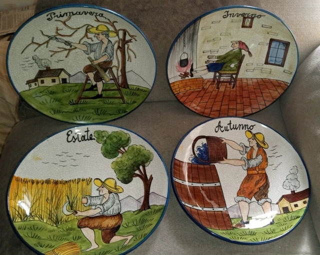 SET of FOUR BASSANO Italian Hand-Painted Pottery Dishes 10" Decorative Wall